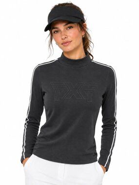 PXG Women's Long Sleeve Mock Neck Golf Top Embossed Logo Black on Black Size S